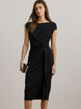 $145 Lauren Ralph Lauren Women's Ring-Trim Jersey Cap-Sleeve Dress Black Size 12